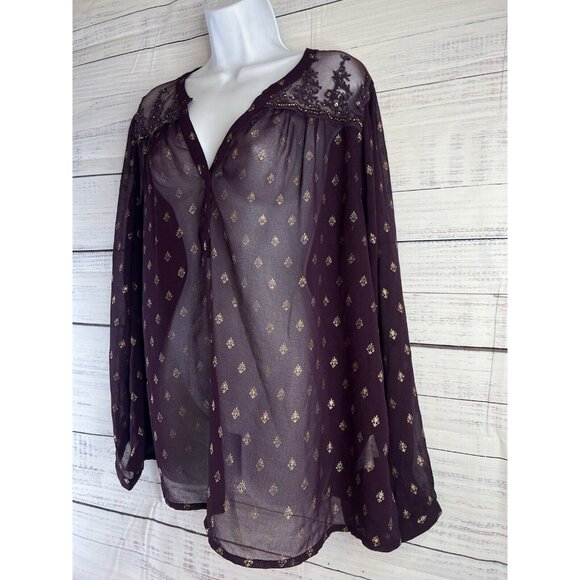 Bila Top Women XXL Burgundy Sheer Popover V Neck Long Sleeve Beaded Embroidered - Picture 3 of 14